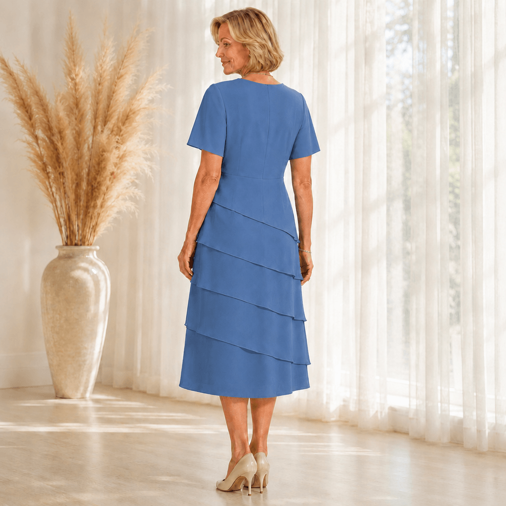 Florenza Tiered Chiffon-Look Women's Midi Dress with Flutter Sleeves