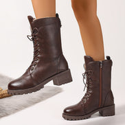 Faux Leather Lace-Up Women's Winter Boots with Fleece Lining and Side Zip