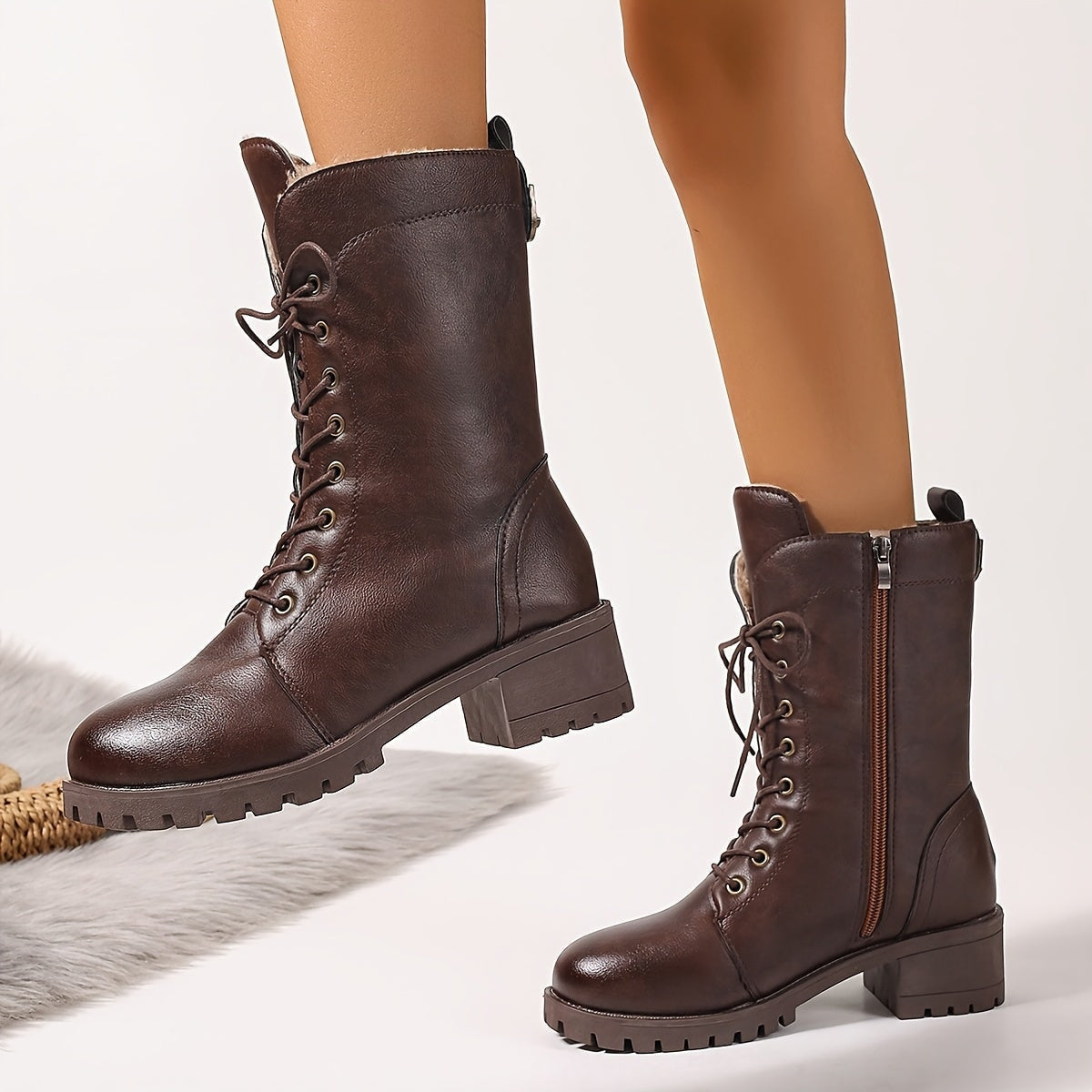 Faux Leather Lace-Up Women's Winter Boots with Fleece Lining and Side Zip