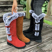 Women's Faux Suede Mid-Calf Snow Boots with Faux Fur Trim and Buckle Detail