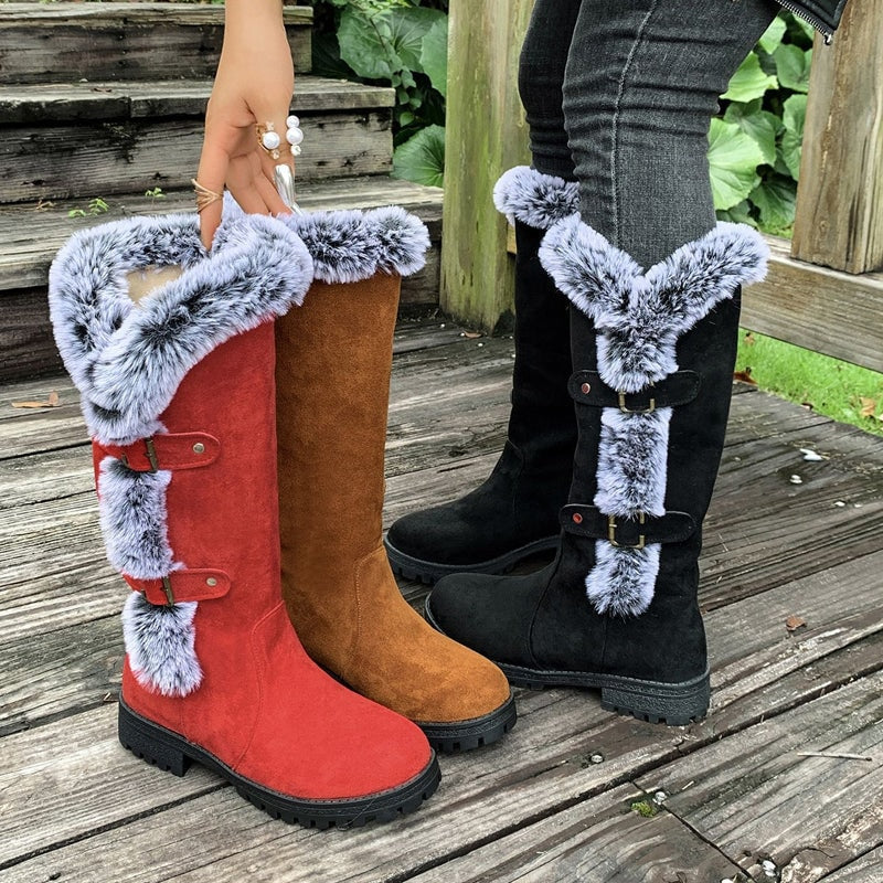 Women's Faux Suede Mid-Calf Snow Boots with Faux Fur Trim and Buckle Detail