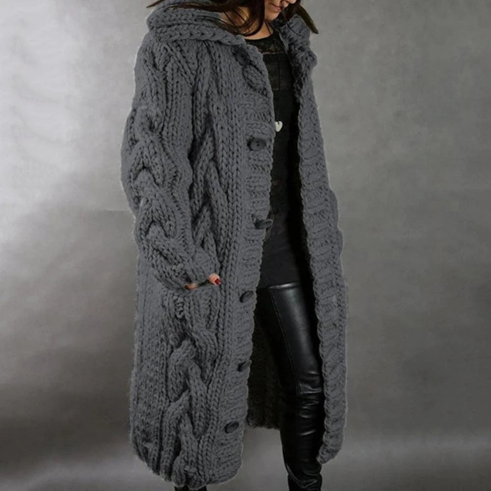 Chunky Hooded Long Cable-Knit Cardigan Coat with Pockets for Women