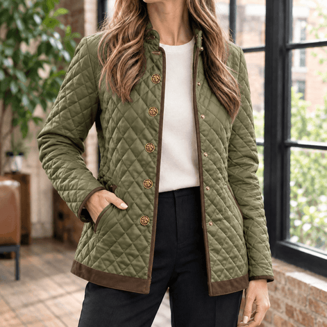 Women's Diamond Quilted Puffer-Style Jacket with Contrast Trim