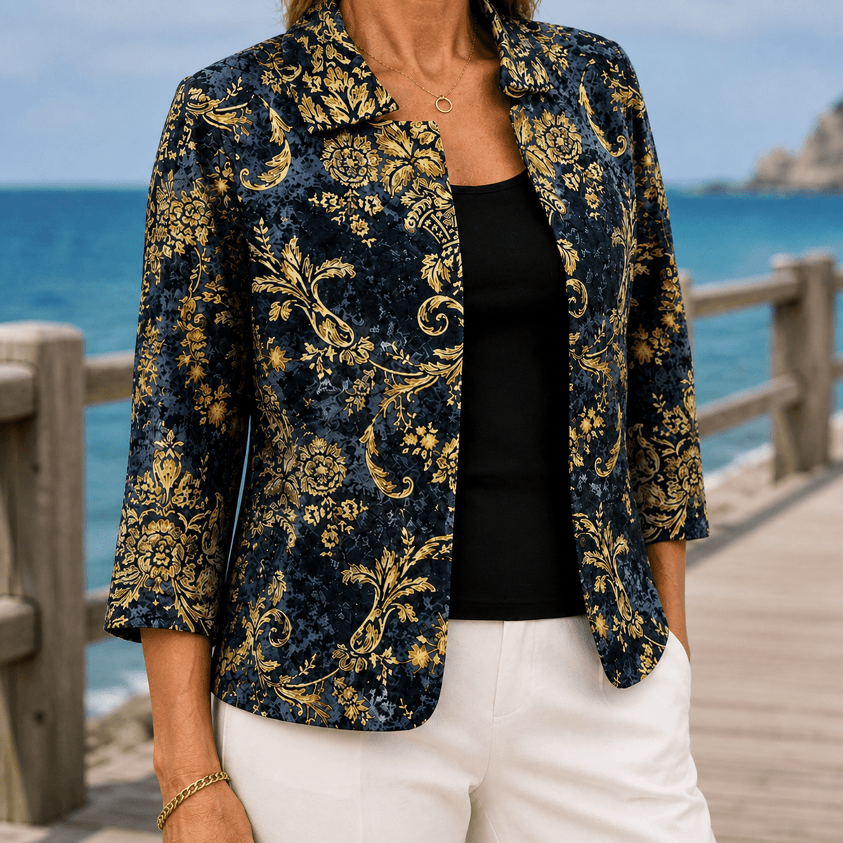 Hallie-Rose Baroque Open-Front Jacket with Pointed Collar