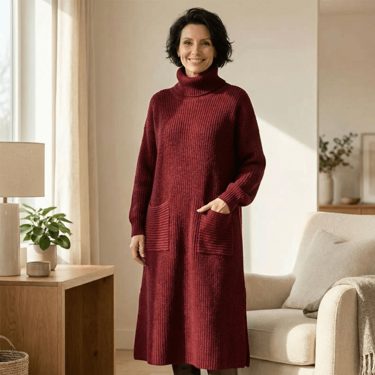 Velara Women's Turtleneck Knitted Jumper Dress with Pockets