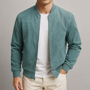 Suede-Textured Bomber Style Jacket for Men with Ribbed Trim