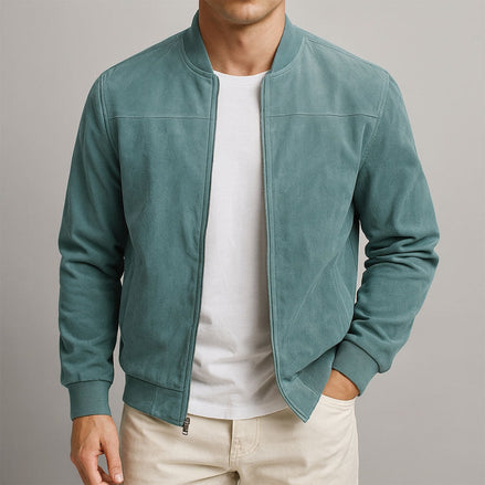 Suede-Textured Bomber Style Jacket for Men with Ribbed Trim