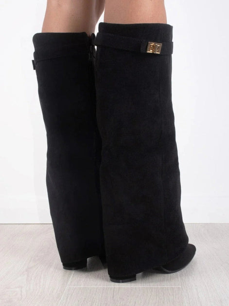 Fold-Over Pointed Toe Knee-High Suede Boots for Women in Winter