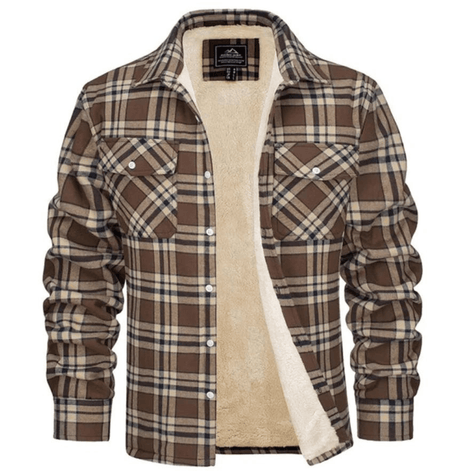 Men's Sherpa-Lined Plaid Flannel Shirt Jacket with Button Pockets