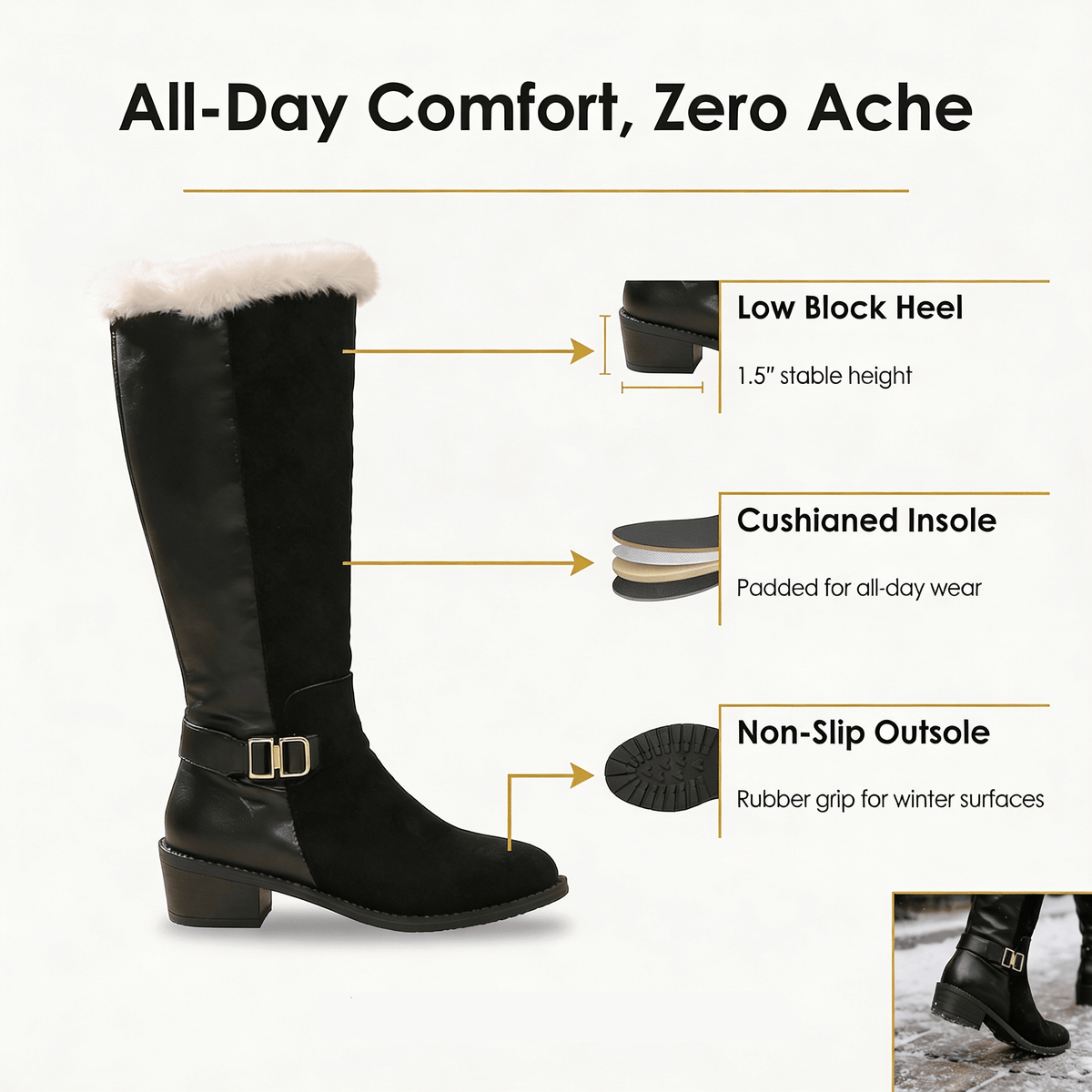 Fleece-Lined Knee High Boots for Women with Faux Fur Trim