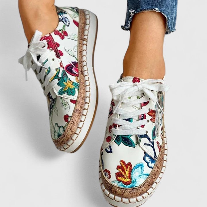 Olisette Floral Embroidered Textile Women's Comfort Shoes with Zip Detail