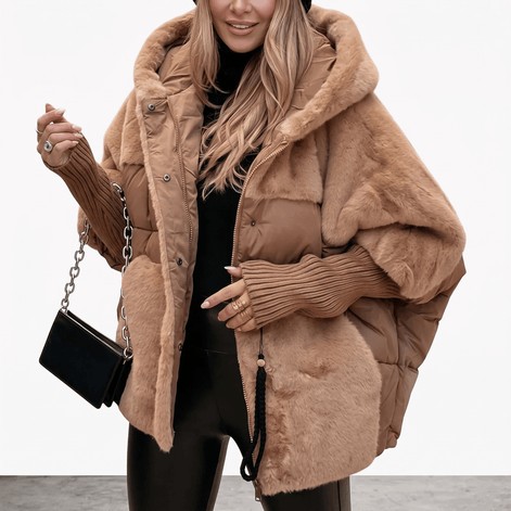 Amara Plush Faux Fur Hooded Women's Coat with Ribbed Cuffs