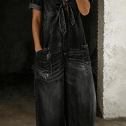 Maya Tie-Front Wide-Leg Denim Jumpsuit with Pockets