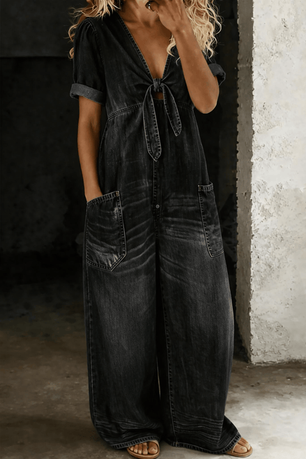 Maya Tie-Front Wide-Leg Denim Jumpsuit with Pockets