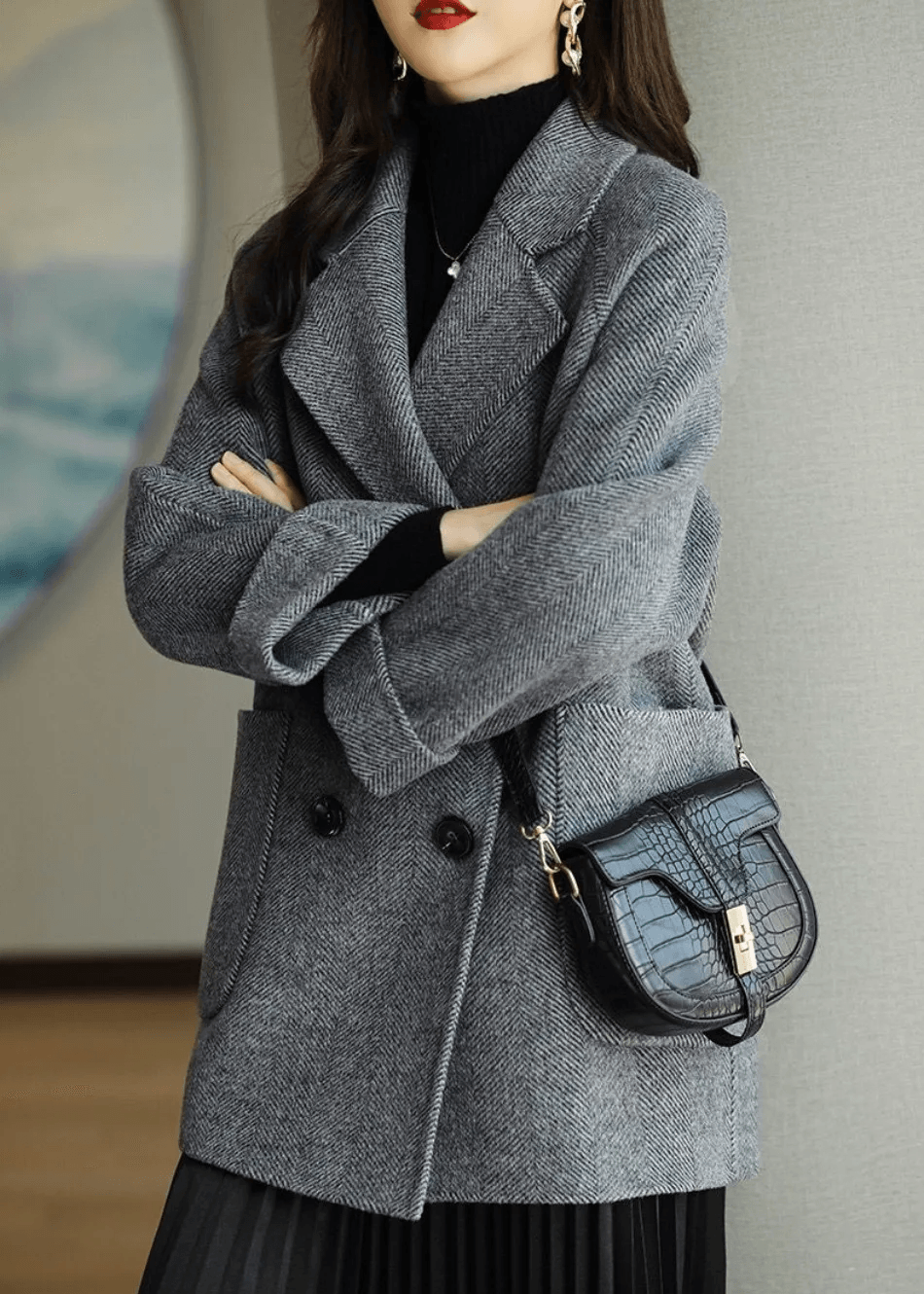 Oihana Women's Double-Breasted Wool-Blend Winter Coat with Self-Tie Belt