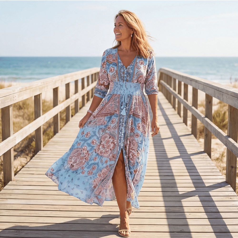 Floressa Paisley Floral V-Neck Women's Midi Dress with Drawstring Waist