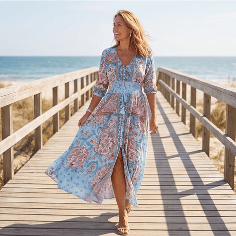 Floressa Paisley Floral V-Neck Women's Midi Dress with Drawstring Waist