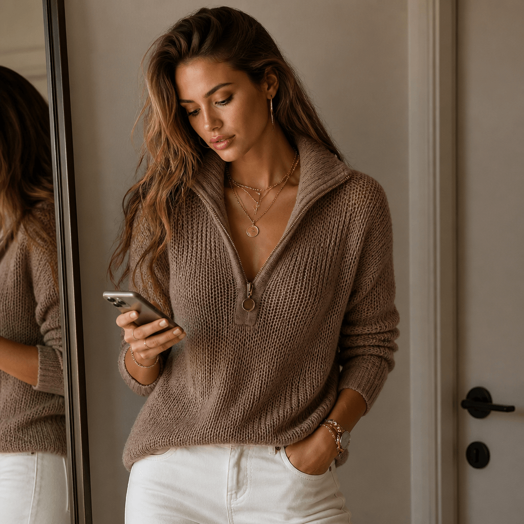 Women's Half-Zip Textured Knit Jumper with Convertible Collar