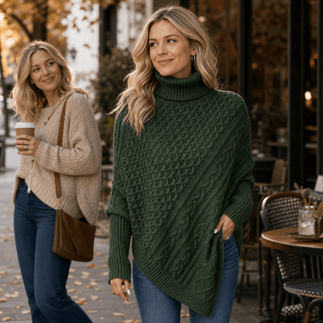 Women's Cable-Knit Turtleneck Poncho Jumper with Ribbed Trim