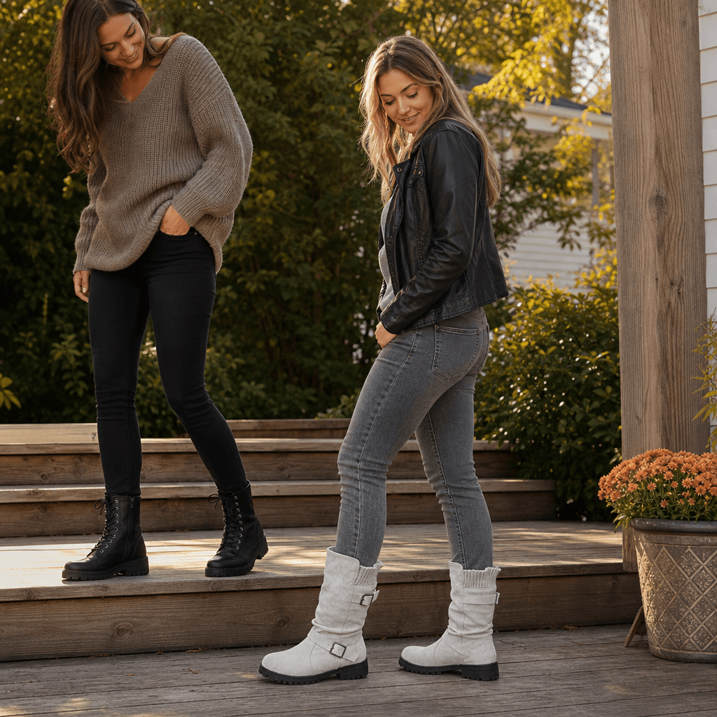 Women's Suede Winter Boots with Ribbed Cuff and Lug Sole