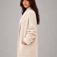 Longline Open-Front Knit Women's Cardigan with Shawl Collar and Pockets