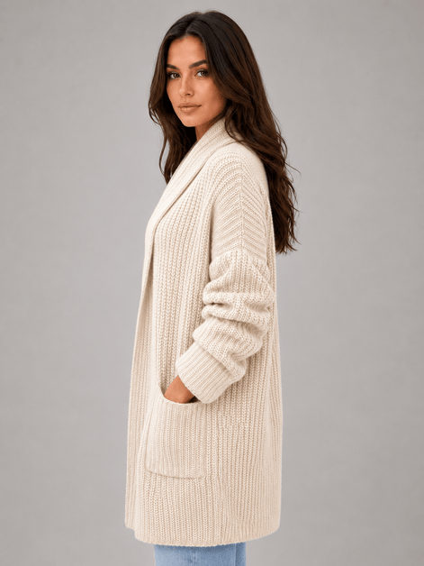 Longline Open-Front Knit Women's Cardigan with Shawl Collar and Pockets