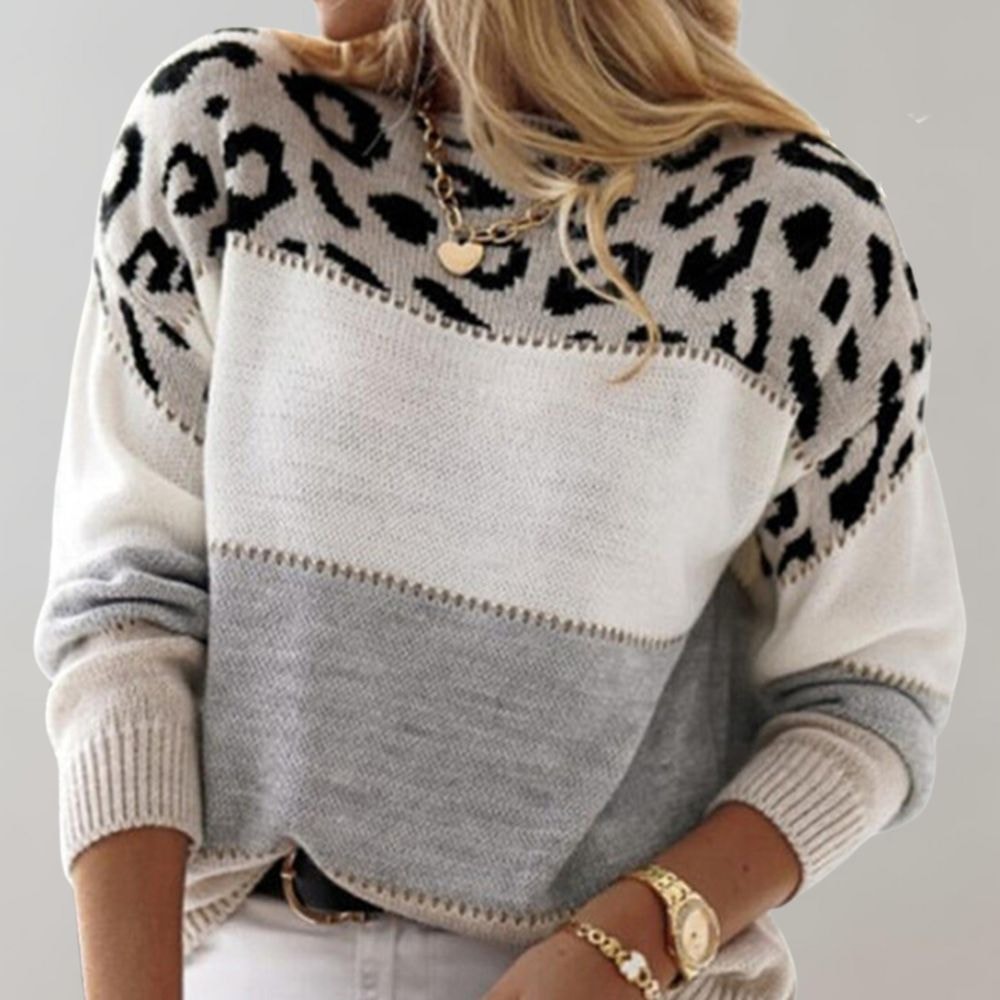 Viola Colour-Block Leopard Print Women's Knitted Jumper