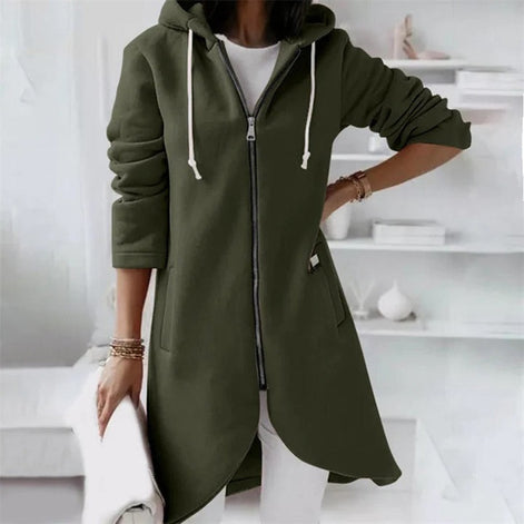 Women's Hooded Longline Zip-Up Fleece Cardigan Coat
