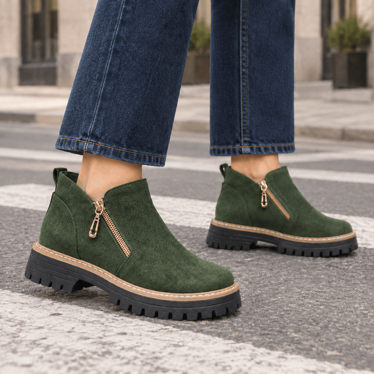 Women's Lugged-Sole Suede Zip-Up Ankle Boots