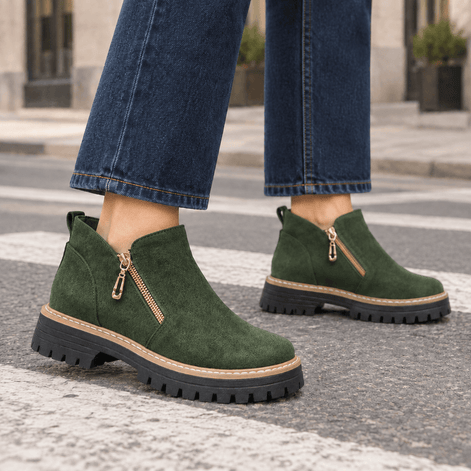 Women's Lugged-Sole Suede Zip-Up Ankle Boots