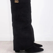 Women's Suede Fold-Over Boots with Pointed Toe and Gold Buckle Detail