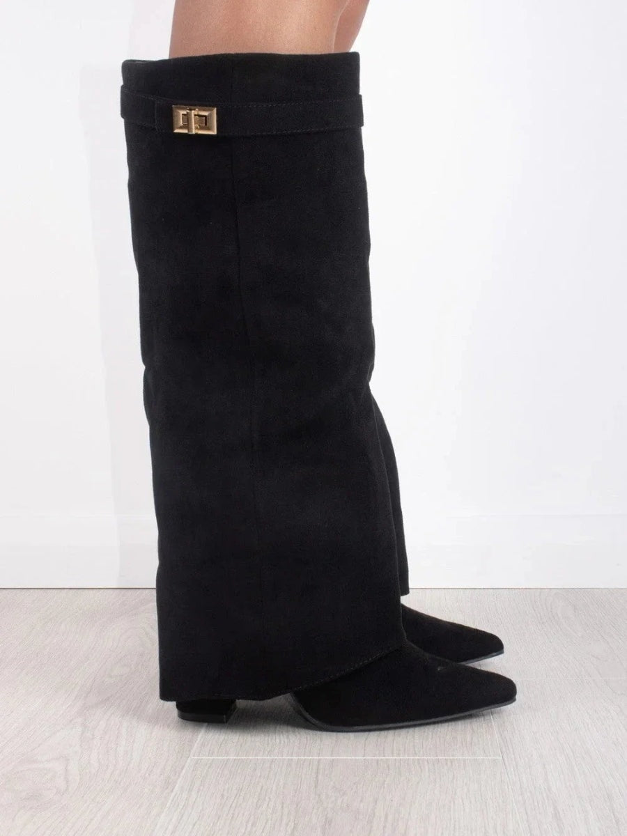 Women's Suede Fold-Over Boots with Pointed Toe and Gold Buckle Detail