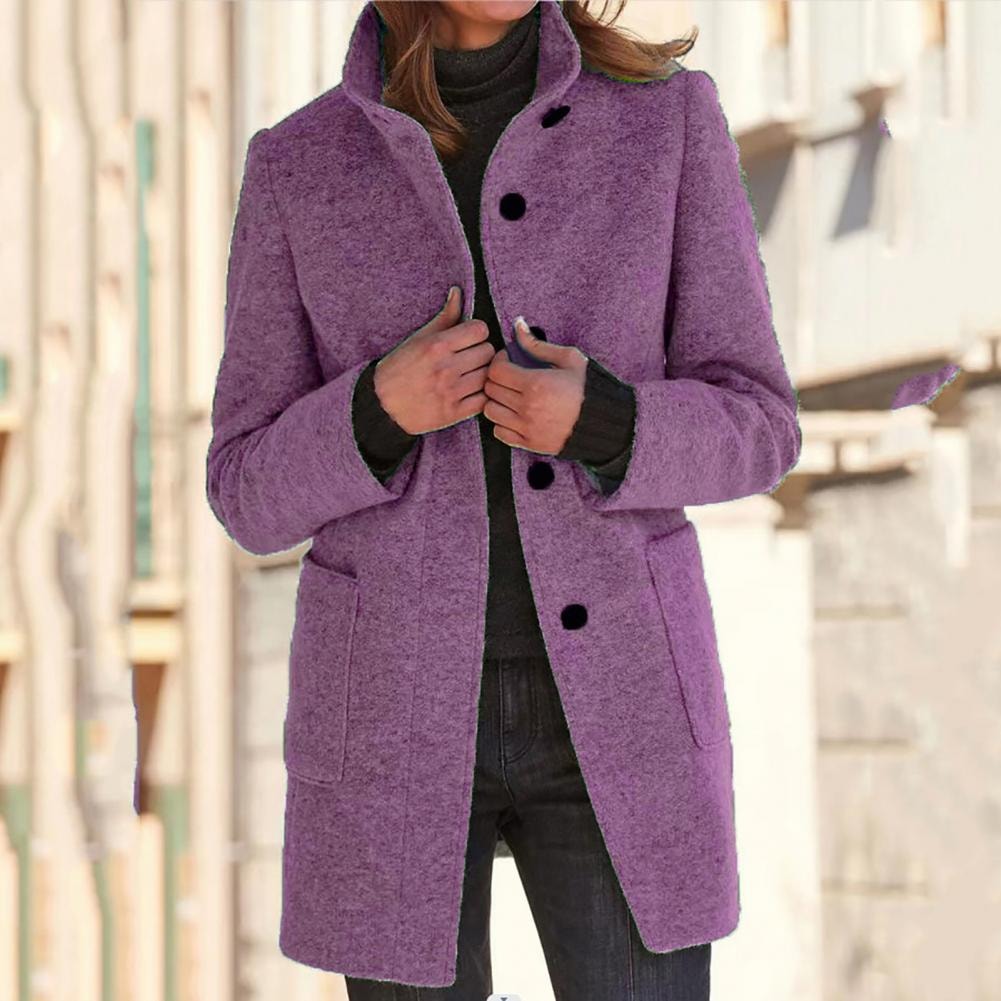 Women's Stand Collar Wool-Blend Winter Coat with Button Front