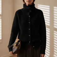 Women's Ribbed Turtleneck Knitted Cardigan with Button Front