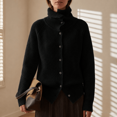 Women's Ribbed Turtleneck Knitted Cardigan with Button Front