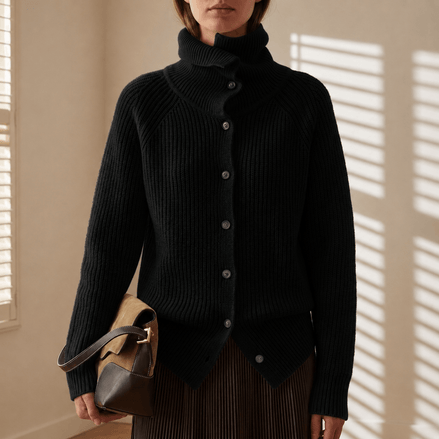 Women's Ribbed Turtleneck Knitted Cardigan with Button Front