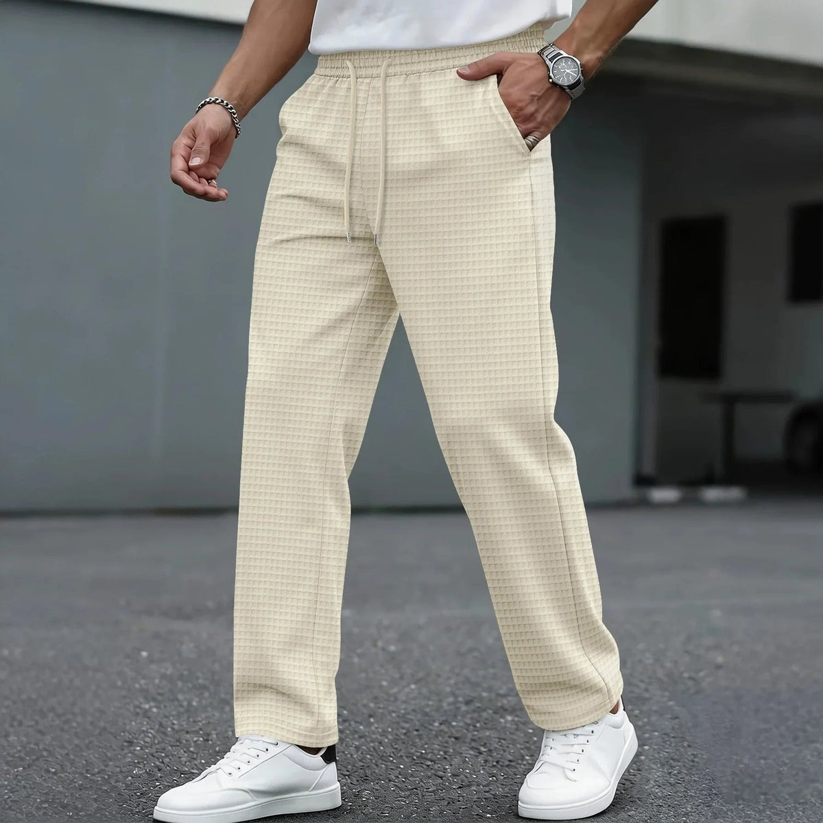 Men's Waffle-Textured Drawstring Jogger Trousers with Elastic Waist
