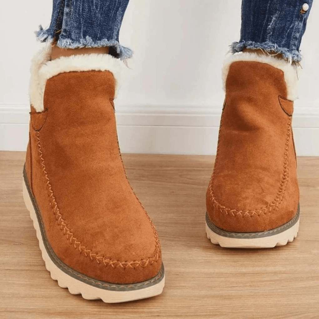 Faux Fur-Trimmed Suede Winter Ankle Boots with Moc-Toe Detail