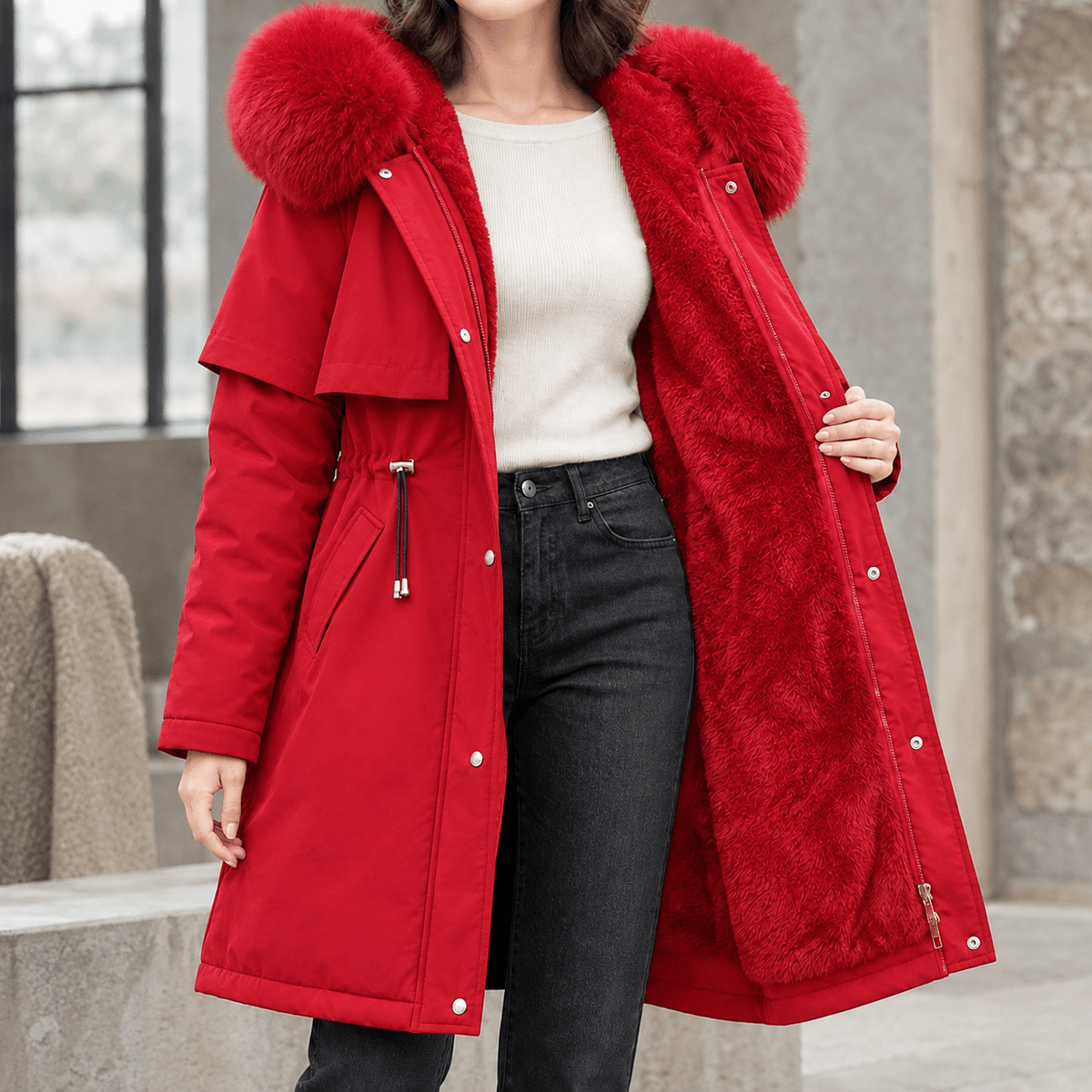 Agnes-Hope Women's Longline Hooded Winter Coat with Faux Fur Trim and Drawcord Waist