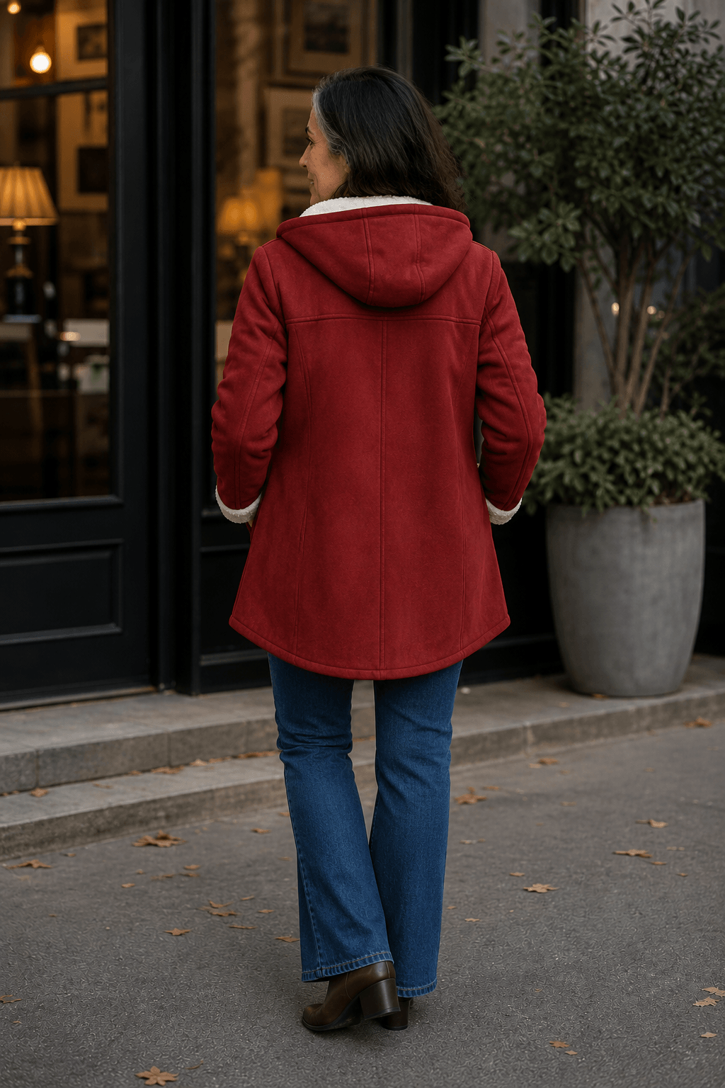 Women's Hooded Faux Suede Toggle Coat with Plush Sherpa Lining
