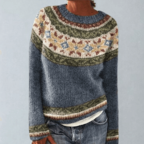 Fair Isle Pattern Knitted Jumper for Women with Round Neck