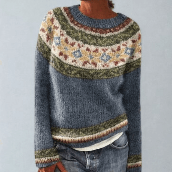 Fair Isle Pattern Knitted Jumper for Women with Round Neck