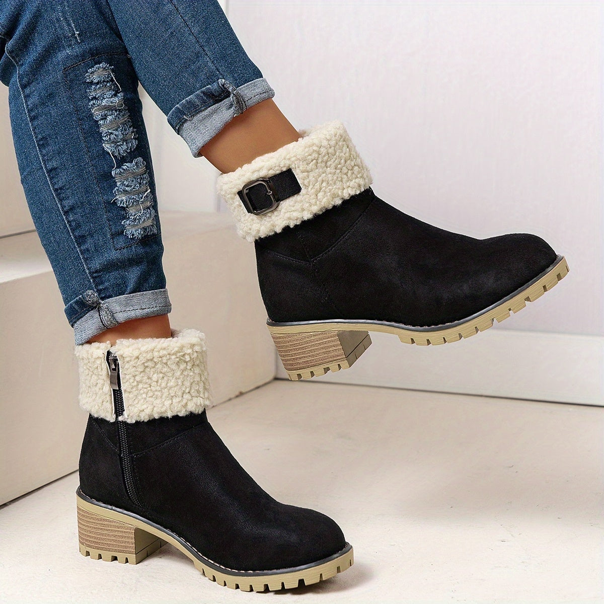 Faux Shearling Cuff Buckle Boots with Block Heel