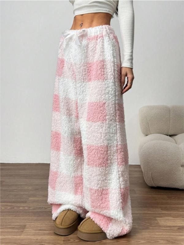 Women's Plush Plaid Wide-Leg Fleece Lounge Trousers