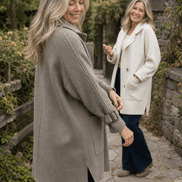 Cable-Knit Sleeve Double-Breasted Longline Coat for Women
