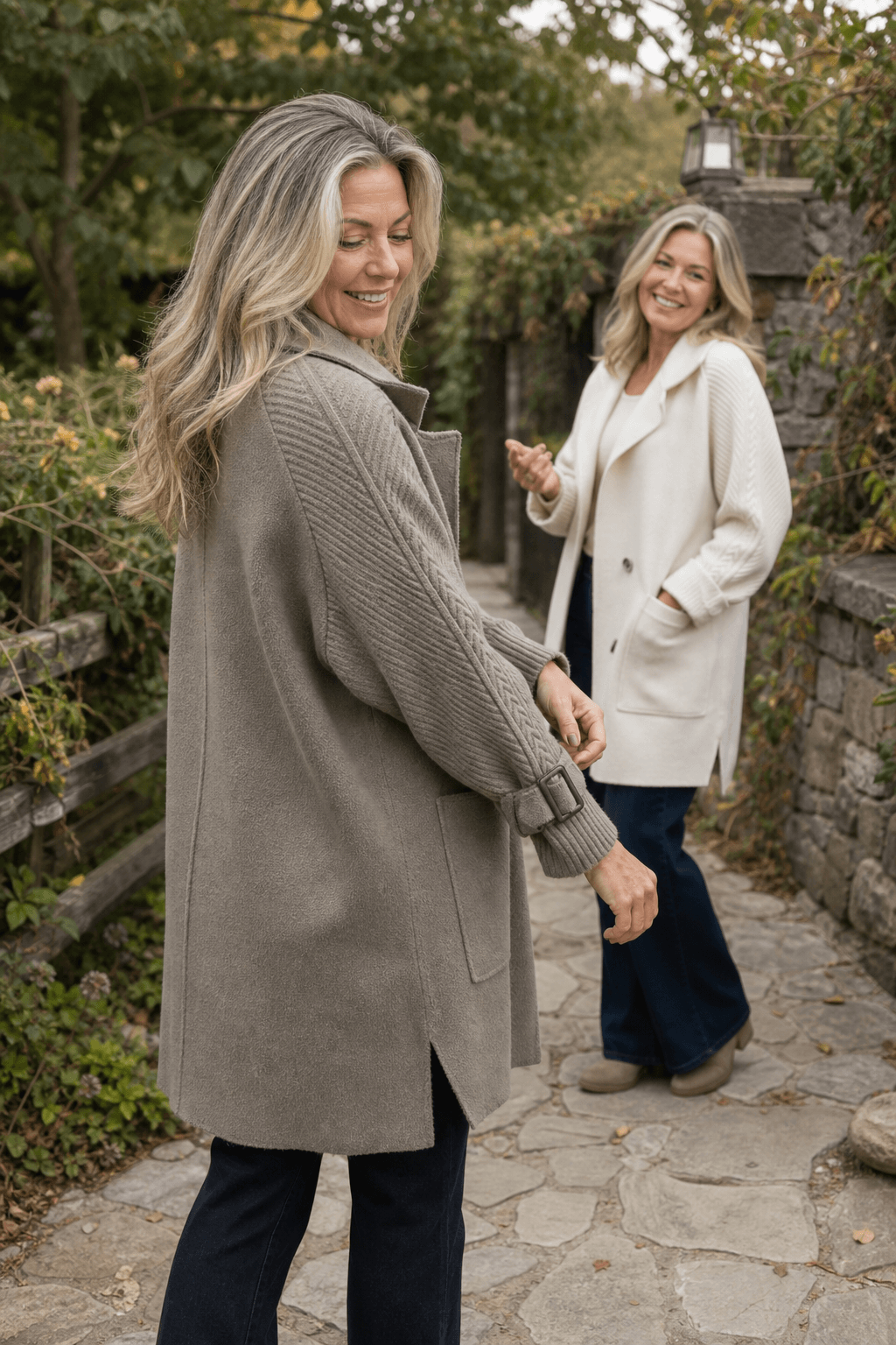 Cable-Knit Sleeve Double-Breasted Longline Coat for Women