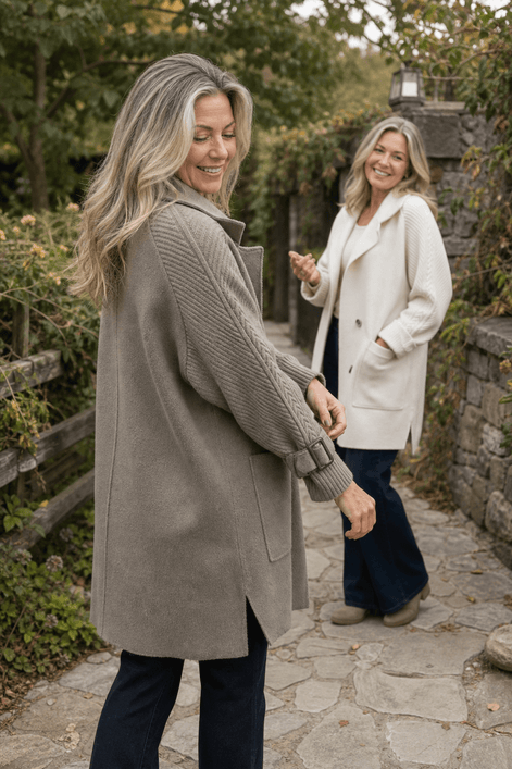 Cable-Knit Sleeve Double-Breasted Longline Coat for Women