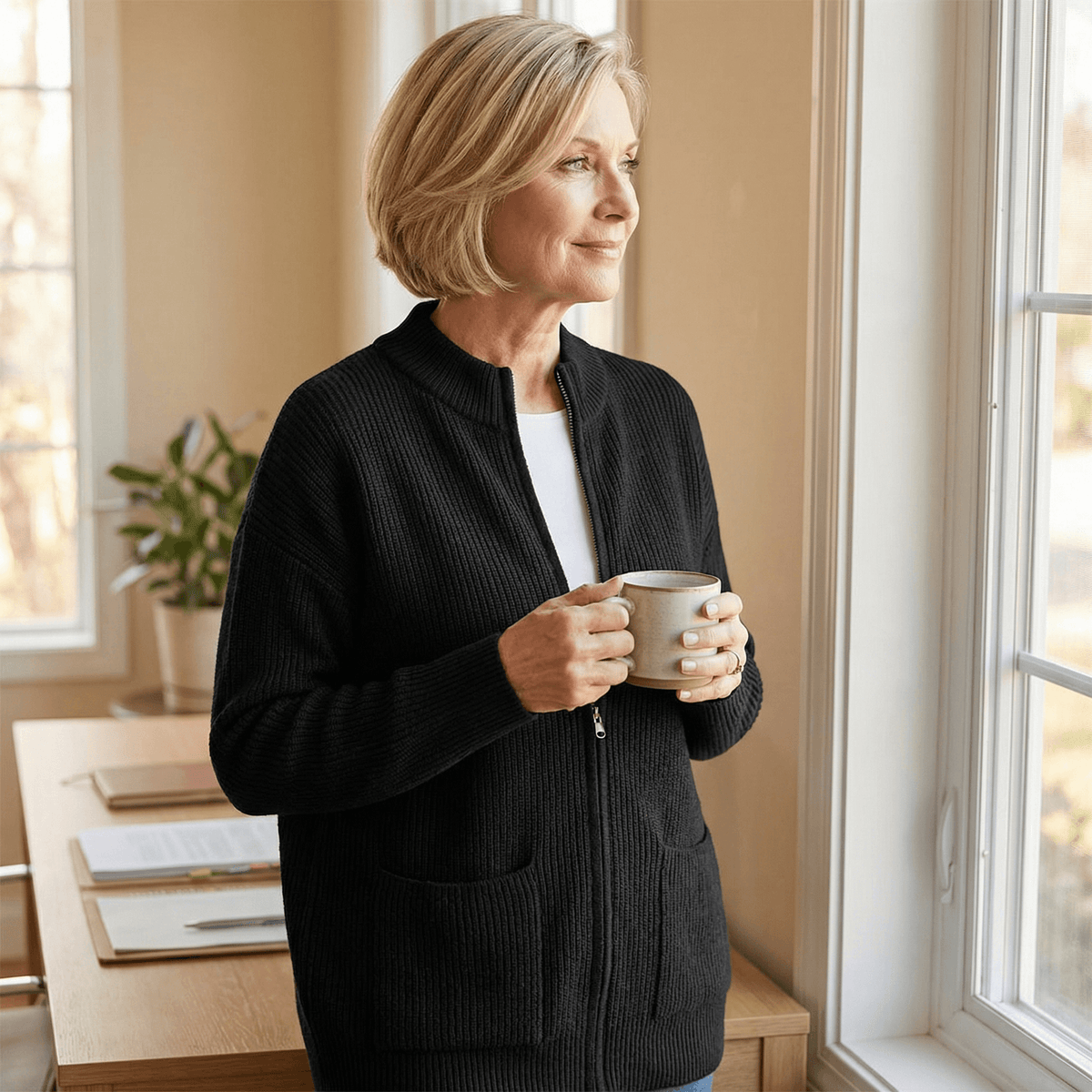 Covena Ribbed Zip-Up Knitted Cardigan with Pockets for Women