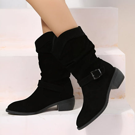 Anika Slouchy Faux Suede Women's Boots with Buckle Strap Detail