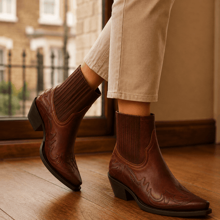 Women's Western Leather Ankle Heeled Boots with Block Heel and Pointed Toe